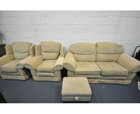 A BEIGE UPHOLSTERED LOUNGE SUITE, comprising a two seater sofa, length 198cm, a pair of armchairs, and a storage stool (4)