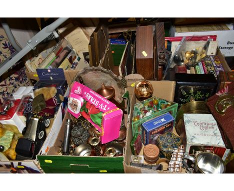 FIVE BOXES AND LOOSE SUNDRY ITEMS ETC, to include tin biscuit boxes, novelty copper and brass items, a German pierced bronze 