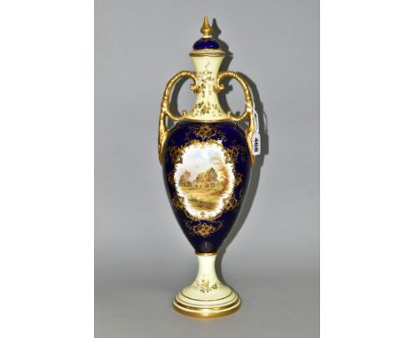 AN EARLY 20TH CENTURY COALPORT TWIN HANDLED PEDESTAL VASE AND COVER, the pale yellow, blue and gilt ground ovoid body painted