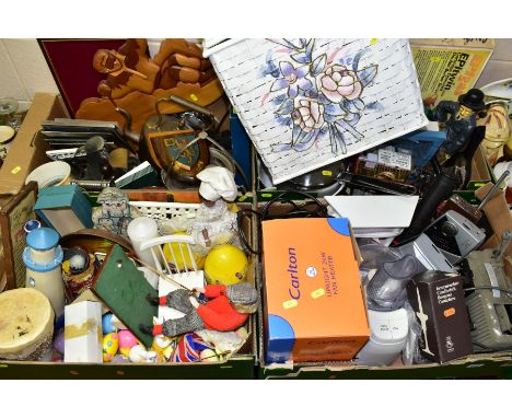 FOUR BOXES OF SUNDRY ITEMS ETC, to include boxed Royal Worcester ramekins, stainless steel dishes, copper kettle, electric fa