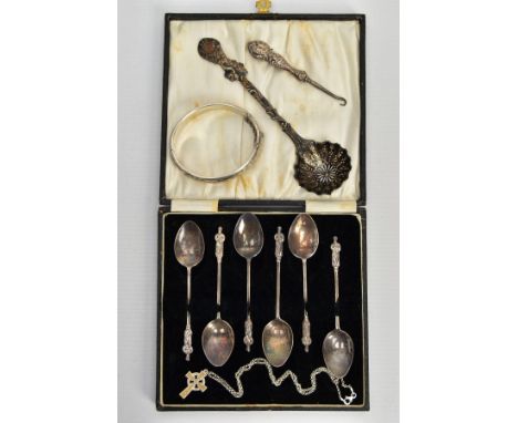 A SELECTION OF SILVER ITEMS, to include a cased set of six silver apostle teaspoons, each hallmarked 'A J Bailey' Birmingham 