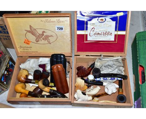 TWO CIGAR BOXES OF PIPES, to include novelty Meerschaum pipes featuring a horse, a lion and human faces, three plain Meerscha