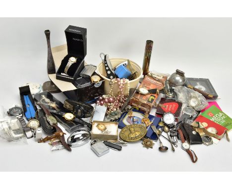 A BOX OF ASSORTED ITEMS, to include various gents wristwatches, with names to include 'Elger, Birfora, Paul Jobin, Astor', po