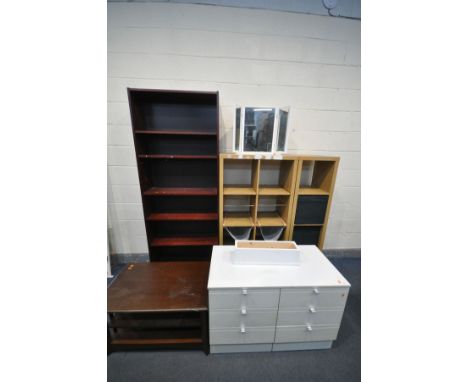 TWO SIZED BEECH IKEA OPEN SHELVING UNITS, largest unit width 77cm x depth 39cm x height 147cm, a stained oak open bookcase, a