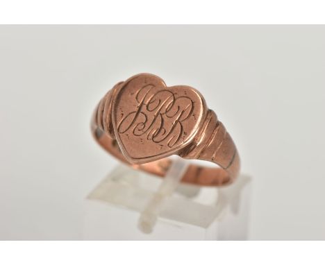 A 9CT ROSE GOLD SIGNET RING, in the form of a heart with engraved initials, textured shoulders leading onto a plain polished 