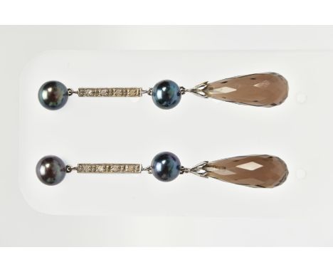 A PAIR OF 9CT GOLD CULTURED PEARL, QUARTZ AND COLOURLESS GEM EARRINGS, the grey cultured pearl surmount, suspending a colourl