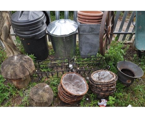A SELECTION OF GARDEN MISCELLANEOUS, to include two plastic waste bins, a galvanised waste bin, a slate effect square tapered