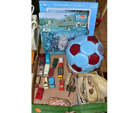 A QUANTITY OF UNBOXED &amp; ASSORTED MATCHBOX DIECAST VEHICLES, JIGSAWS AND SIGNED FOOTBALL, to include Matchbox Commer TV Se