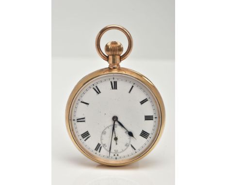 A 9CT GOLD OPEN FACE POCKET WATCH, manual wind, round white dial, Roman numerals, subsidiary dial at the six o'clock position