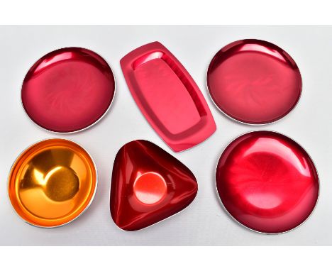 VINTAGE ANODISED NORWEGIAN METAL WARES, comprising three Olden of Norway red dishes, approximate diameter 18cm,  an orange bo