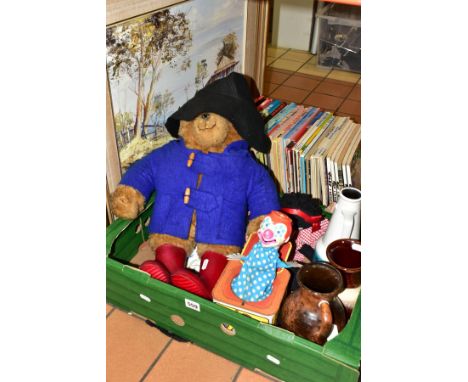 TWO BOXES AND LOOSE TOYS, BOOKS, CERAMICS AND SUNDRY ITEMS, to include a Paddington Bear teddy height 56cm and a Coalport Pad