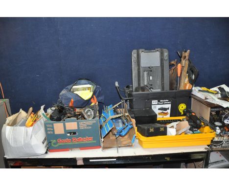 A TOOLBOX AND THREE TRAYS CONTAINING TOOLS including a Black and Decker Sander, a Bestway's pump, various saws, hammers, scre