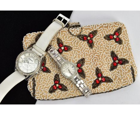 TWO FOSSIL WRISTWATCHES AND A COSTUME JEWELLERY PURSE, the first a manual wind, round white and silvered dial, signed Fossil,