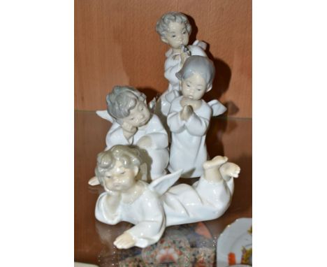 FOUR LLADRO FIGURES OF ANGELS, comprising 'Angel Praying', No. 4538, 'Angel Thinking', No. 4539, 'Angel with Flute', No. 4540