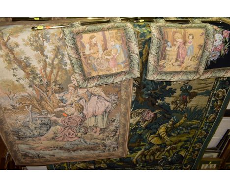 FIVE TAPESTRY WALL HANGINGS TOGETHER WITH FOUR BRASS SUPPORTS, the largest depicting a hunting scene, approximate size 155cm 