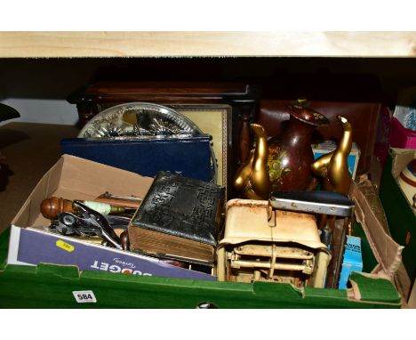THREE BOXES AND LOOSE TOOLS, 78 RPM RECORDS, PARASOL, PHOTOGRAPH ALBUM AND SUNDRY ITEMS, to include a D Flather &amp; Sons sc