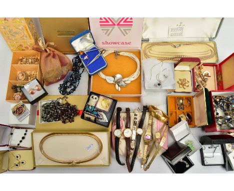 A BOX OF ASSORTED WATCHES AND JEWELLERY,  to include seven ladies wrist watches, names to include Rotary, Sekonda, Seiko, Wit