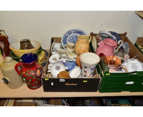 TWO BOXES CONTAINING APPROX FORTY CERAMIC ITEMS INCLUDING FIVE SUSIE COOPER BLUE DAHLIA SOUP DISHES, an orange glazed Beswick