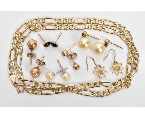 A 9CT GOLD FIGARO CHAIN A PAIR OF EARRINGS, AND ASSORTMENT OF YELLOW METAL, a yellow gold figaro chain necklace, approximate 