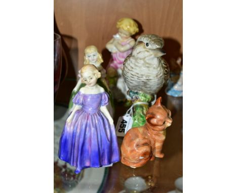 A SMALL GROUP OF FIGURINES, ANIMAL AND BIRD FIGURES, comprising a Carlton Ware Guinness zookeeper figure, Royal Doulton Marie