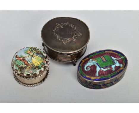 THREE TRINKET BOXES, to include a silver and tortoise shell circular trinket, silver inlay swag detail to the lid, raised on 