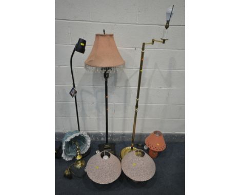 A SELECTION OF LIGHTING, to include a 'Serious' standard lamp, a brassed standard lamp, another standard lamp, a pair of flor