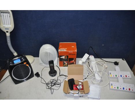 A BOX OF ELECTRICAL ITEMS to include a Dimplex DXGL02, a GS flex lamp, Delonghi blow heater/fan, four extension leads, Philip