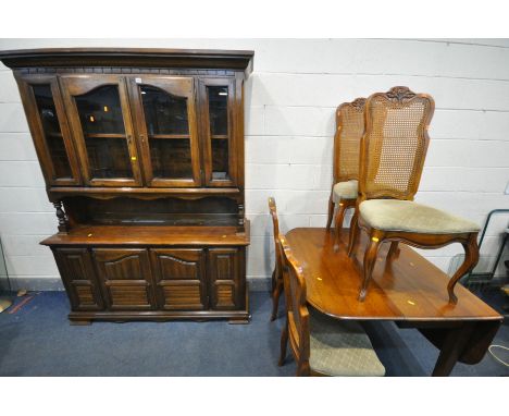 A REPRODUCTION OAK GATE LEG DINING TABLE, open length 150cm x closed length 53cm x depth 106cm x height 74cm, along with a se