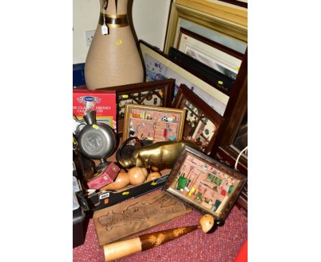SEVEN FRAMED PICTURES, A LARGE POTTERY VASE, AND A BOX OF SUNDRIES containing a German pewter Frieling Zinn jug, large brass 