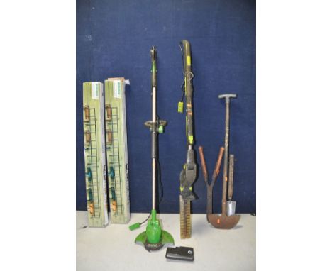 COLLECTION OF GARDENING TOOLS to include a G-TECH grass strimmer model No ST04, G-tech extendable hedge trimmer model No HTO2