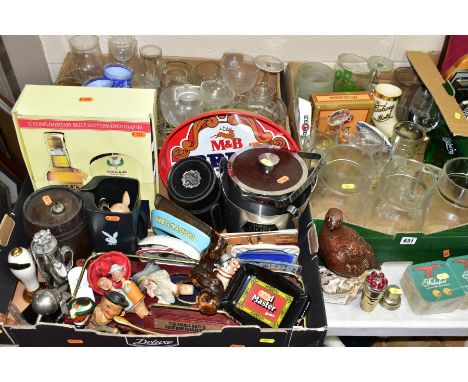 THREE BOXES AND LOOSE BREWERY AND DRINKING RELATED ITEMS ETC, to include a Royal Doulton Famous Grouse whisky bottle, box of 