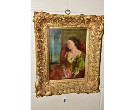 A 19TH CENTURY SEATED PORTRAIT OF A FEMALE FIGURE, unsigned oil on canvas, approximate size 28cm x 20cm, condition, craquelur
