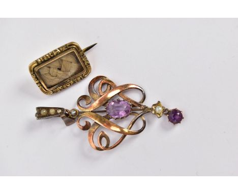 AN AMETHYST AND SPLIT PEARL YELLOW METAL PENDANT AND A WOVEN HAIR MEMORIAL YELLOW METAL BROOCH, the pendant set with two amet