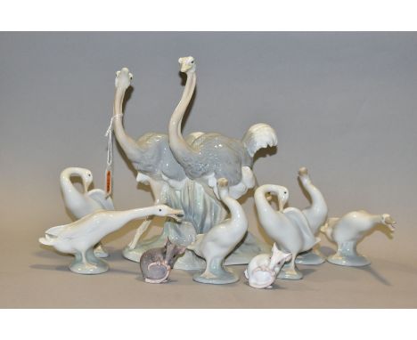 TWO DANISH B &amp; G PORCELAIN FIGURES OF MICE, A NAO OSTRICH GROUP AND SIX  LLADRO DUCK FIGURES, the mice height 4.8cm, Nao 
