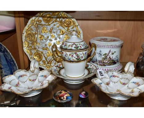A SMALL GROUP OF 19TH AND EARLY 20TH CENTURY CONTINENTAL PORCELAIN, comprising a 19th century twin handled chocolate cup with