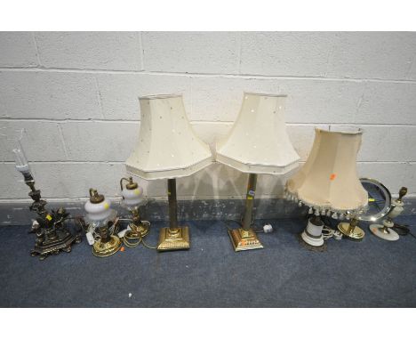 SIX VARIOUS TABLE LAMPS, to include two 20th century Corinthian column lamps, a pair of desk lamps with glass shades, a resin