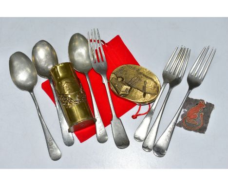 A BOX CONTAINING SEVEN ITEMS OF MILITARY RELATED CUTLERY, forks, spoons, a WW2 era Desert Rats Patch, A D - Day Commemoration
