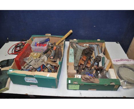 TWO TRAYS CONTAINING A SELECTION OF VINTAGE HAND TOOLS, to include spanners, saws, a Record 18 Stillson, a Lyndon 1A stock wi