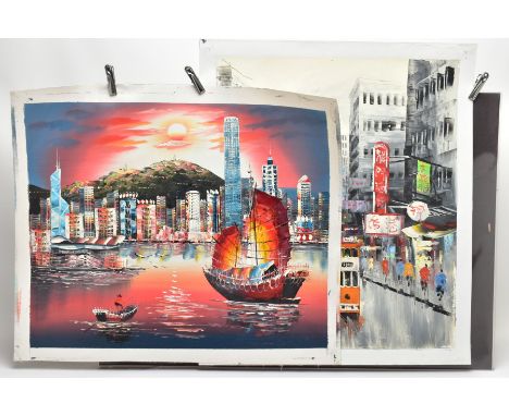 TWO UNFRAMED OILS ON CANVAS DEPICTING SCENES OF HONG KONG, the first depicting a sunset view of boats on the water with the I