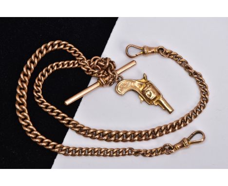 A 9CT GOLD ALBERT CHAIN WITH CHARM, graduated curb link chain each link is stamped 9.375, fitted with a T-bar hallmarked 9ct 