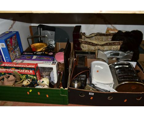 FOUR BOXES OF HOMEWARES, to include a Russell Hobbs four slice toaster, a Roberts Classic DAB portable radio with instruction