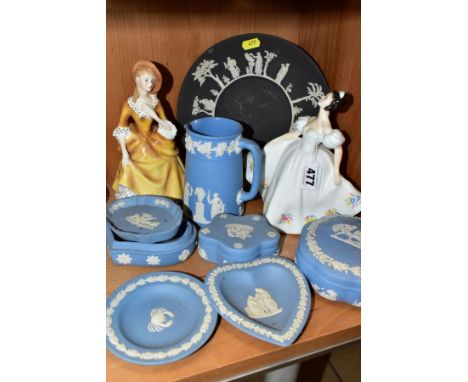 TWO ROYAL DOULTON LADIES AND EIGHT PIECES OF WEDGWOOD JASPERWARE, the ladies comprising 'Kate' HN2789 and 'Sandra' HN2275, th