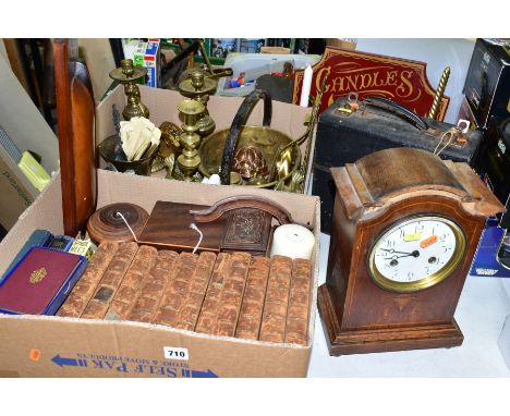 TWO BOXES AND LOOSE METALWARES, TREEN, BOOKS, CLOCK ETC, to include an eleven volume set of The Plays and Poems of Shakespear