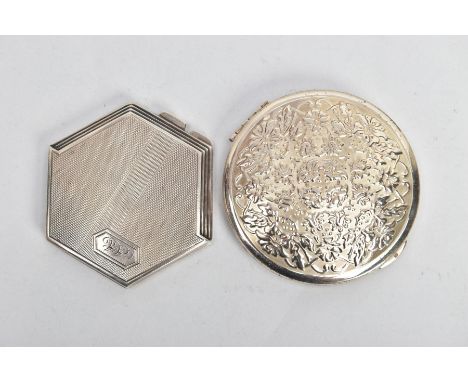 TWO MID 20TH CENTURY SILVER COMPACTS, the first of hexagonal design, hinged fitting, engine turned design and personal monogr