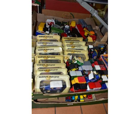 FOUR TRAYS OF UNBOXED DIE-CAST MODEL VEHICLES, to include a Matchbox Superkings K44/3 Bridge layer, a Corgi Major Dolphinariu