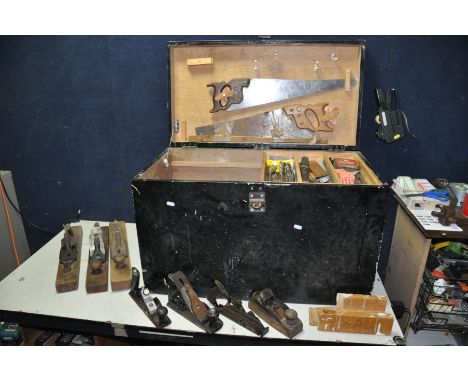 A BESPOKE WOODEN TOOL CHEST, with three sliding trays, width 81cm x depth 44cm x height 51cm, containing a collection of vari