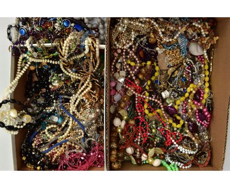 TWO BOXES OF COSTUME JEWELLERY, mostly plastic beaded necklaces, imitation pearl necklaces, bracelets, a rose quartz beaded b
