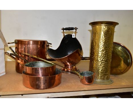 A SMALL GROUP OF LARGE BRASS AND COPPER ITEMS, seven pieces, comprising two copper saucepans one stamped 'Gaskell &amp; Chamb