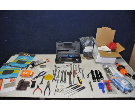 A SELECTION OF TOOLS AND SPARES to include a multipurpose electric sharpener, a VonHaus rotary multitool (both PAT pass and w