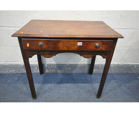 A GEORGIAN MAHOGANY SIDE TABLE, with a single frieze drawer, length 77cm x depth 47cm x height 72cm (condition - historical s